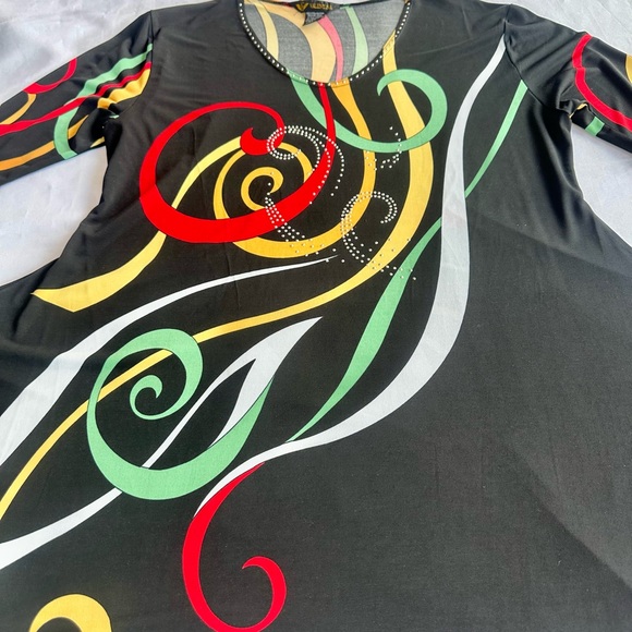 Valentina Black Midi Dress with Red, Yellow & Green Swirl Print - Picture 3 of 9